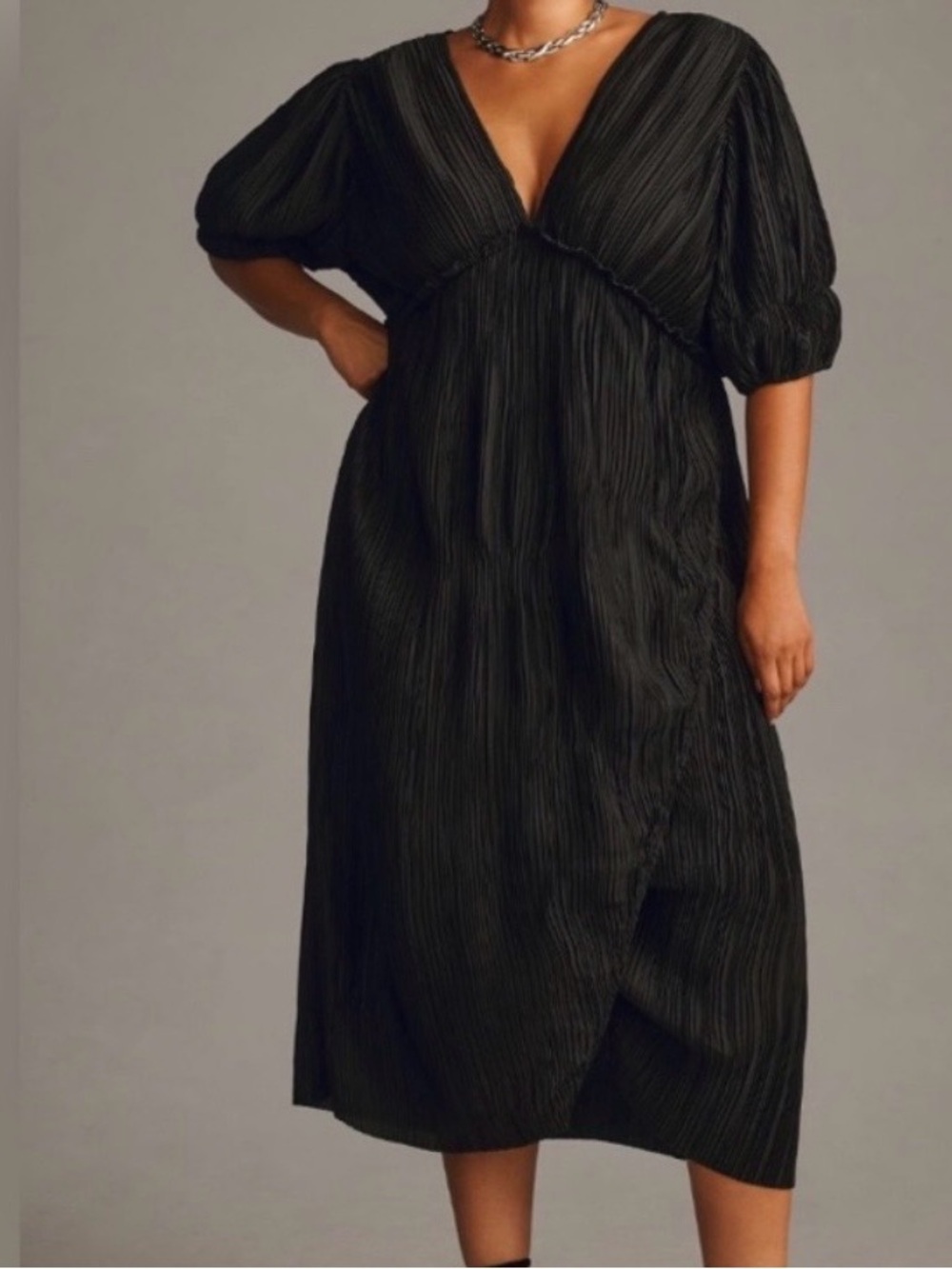 NWT, Anthropologie  Black V Neck Pleated  Slim Midi Dress  Size Large